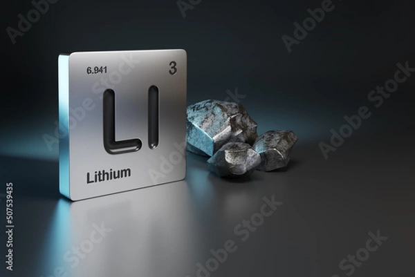 Fototapeta Lithium element symbol from the periodic table near metallic lithium with copy space. 3d illustration.
