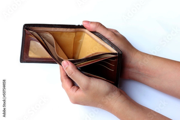 Obraz Hands dolding empty brown wallet