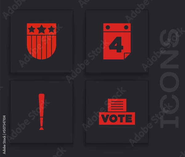 Fototapeta Set Vote box, Shield with stars, Calendar date July 4 and Baseball bat icon. Vector