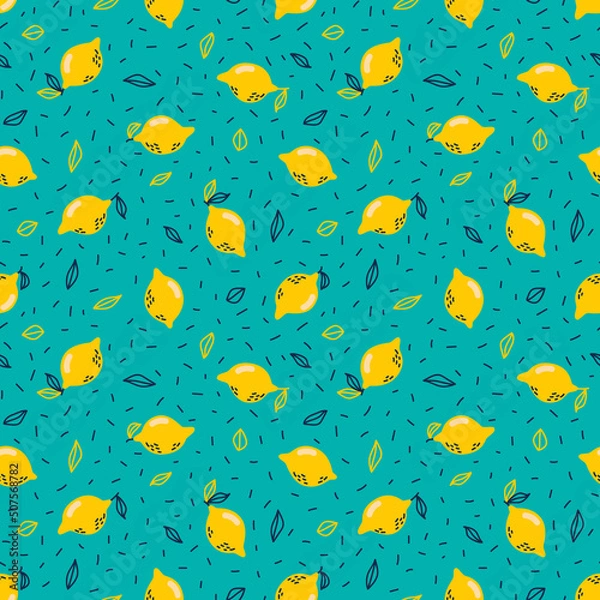 Fototapeta Cute seamless pattern with stylized lemons and leaves. Fresh yellow and blue on the turquoise background. Flat vector illustration, cartoon
