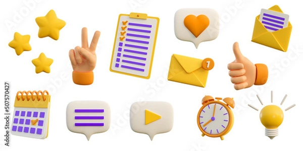 Fototapeta 3d education and social media icons for university and school. Checklist, calendar, search, speech bubbles, clock, stars and mail . Realistic 3d high quality render