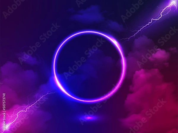 Fototapeta Neon circle, glowing round frame, pink blue neon light, Electric Lightning, confrontation or fight between two lightning. Energy source, ultraviolet spectrum, laser ring, fog. Abstract Illustration.