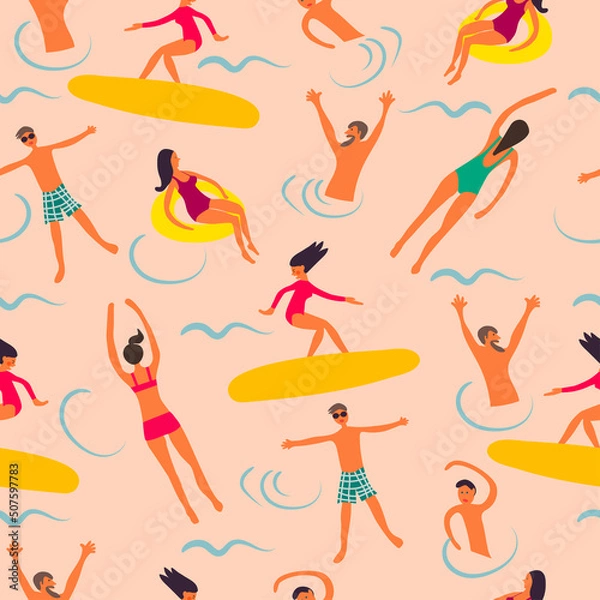 Fototapeta Summertime vintage seamless pattern. Cartoon characters. Vector illustration in flat style.