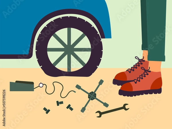 Fototapeta The Man Try To Change Flat Tyre. Cartoon Style Illustration. Crop Image. Vector.