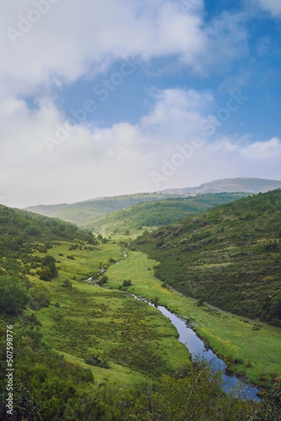 Fototapeta River running through the meadow in a green valley with mountains in the background