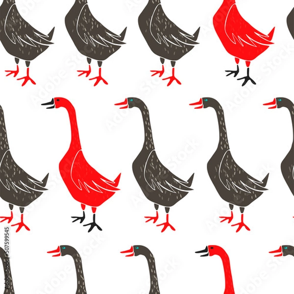 Fototapeta Stylish seamless pattern. Hand drawn geese on white background. Vector illustration.