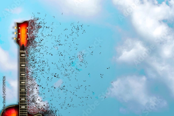 Fototapeta Jazz electric guitar flying into musical notes against a cloudy sky. copy space. Music background. Music cover.