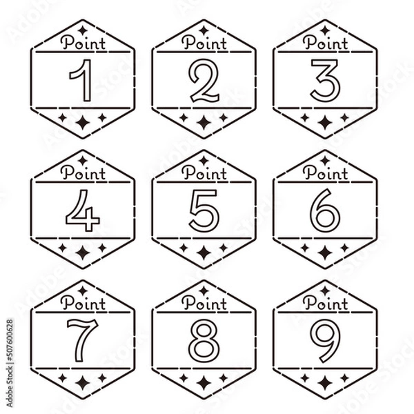 Obraz 六角形の数字アイコンセット　1〜9　POINT（モノクロ）
