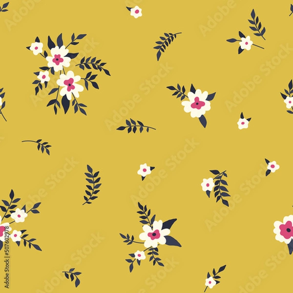 Fototapeta Seamless pattern with hand drawn plants, small flowers and bouquets in vintage style. Elegant floral print, romantic botanical background with tiny flowers, leaves in liberty composition. Vector.