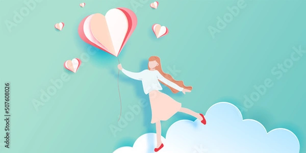 Fototapeta Young girl holding colourful balloons in her hands. Paper cut style. Hand drawn, Vector illustration, for cards, posters, background.