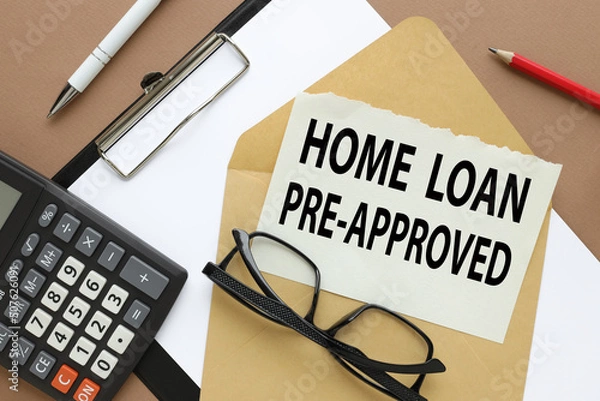 Fototapeta Home loan pre approval. text on torn white paper on envelope bright stickers. clip folder.