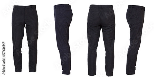 Obraz スリムな濃紺のスラックス 白い線のストライプ柄 前後左右の切り抜き 白背景