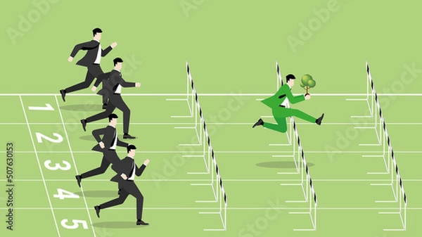 Fototapeta Advantages of ESG and green business policy of environmental concern, eco friendly, sustainability company. A leader businessman with a tree and competitors are run and jump over obstacles in race.