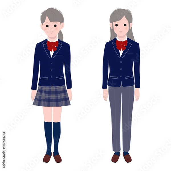 Obraz 紺の制服（スカート、スラックス）を着た女子高生、全身