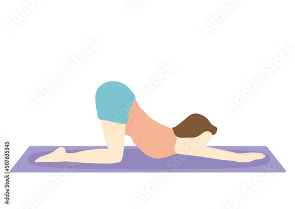 Obraz 背中のストレッチをするダイエット中の女性　マット有り・表情無し