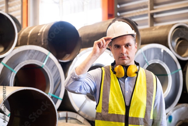 Obraz Selective focus at Caucasian men mechanical engineer, wearing safety equipment. While doing machine maintenance and safety control inside of factory area. With blurred background of heavy machine.