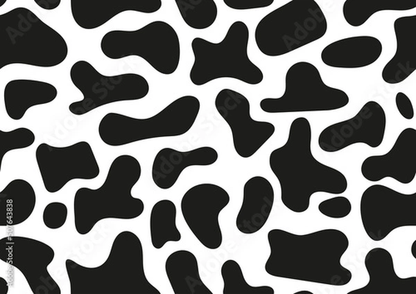 Obraz Dalmatian seamless pattern, animal print with skin spot texture. Absract shapes design  dog or cow black spots on white background for fibres and textile. Simple endless leather backdrop.