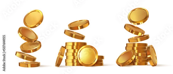 Obraz Stacks of gold coins. Isolated on background. Falling treasures. Accumulation of gold. Vector graphics