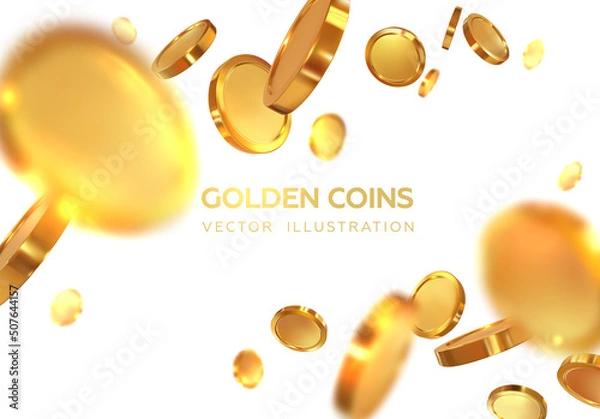 Obraz Flying realistic 3d coins. Golden falling coins. Win. Isolated on white background. Vector illustration