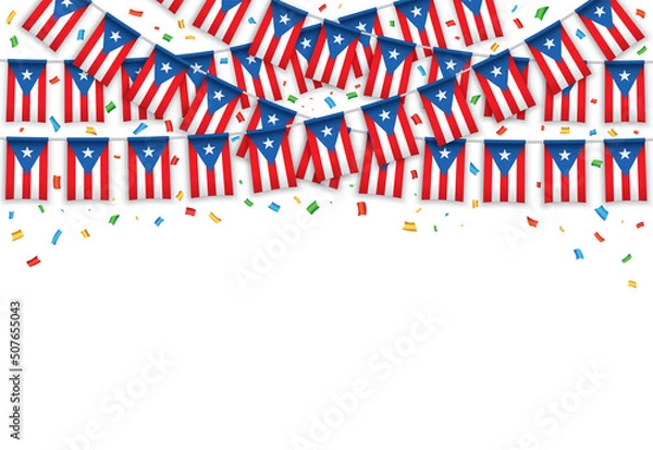 Fototapeta Puerto Rico flags garland white background with confetti, Hanging bunting for Independence Day celebration template banner, Vector illustration