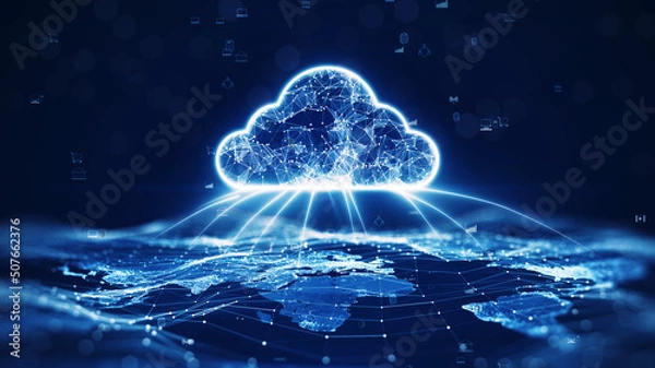 Fototapeta Koncepcja technologii przetwarzania w chmurze przesyłania danych. W centrum znajduje się duża ikona chmury z wewnętrznymi połączeniami. i mała ikona na abstrakcyjnej mapie świata z ciemnoniebieskim tłem.