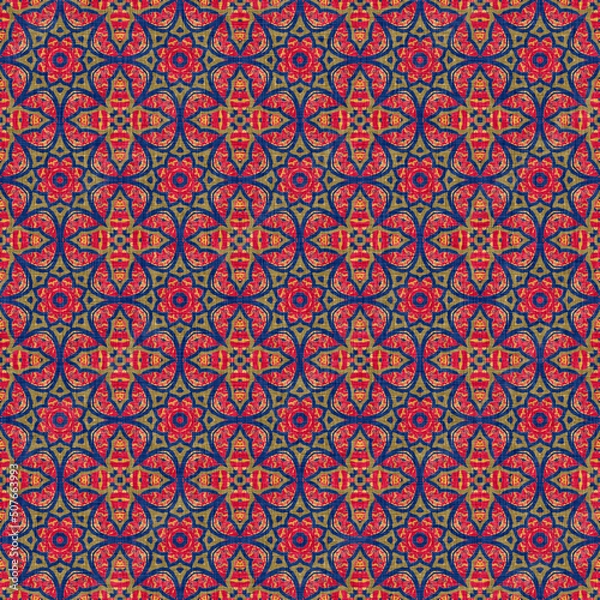 Fototapeta Indian boho summer bandana seamless symmetrical pattern. Versatile masculine red blue scarf print in kaleidoscopic floral ornamental style.