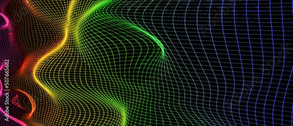 Fototapeta Heat wave, energize, energy transfer concept. Complex three dimensional waveform. colorful wire frame mesh on black background. Data visualization. 3D illustration, 3D rendering