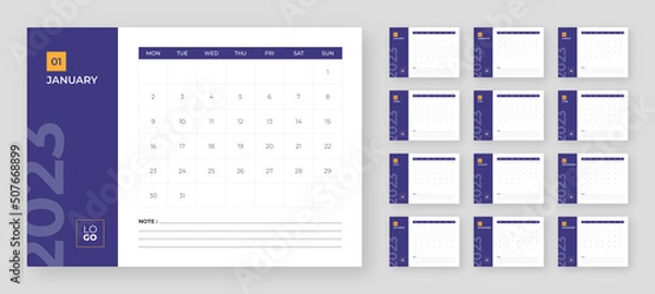 Fototapeta Desktop Monthly Photo Calendar 2023. Simple monthly horizontal photo calendar Layout for 2023 year in English. Cover Calendar and 12 months templates. Week starts from Monday. Vector illustration