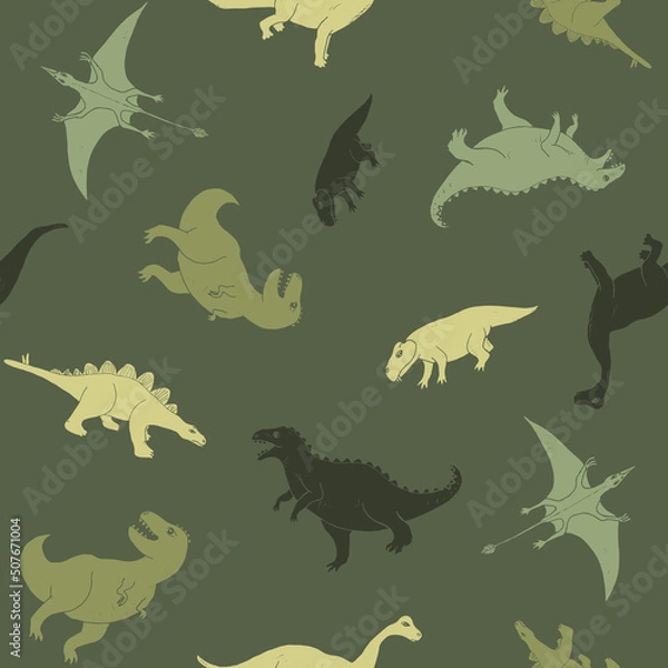 Fototapeta Dino Seamless Pattern, Cute Cartoon Dinosaurs Doodles Vector Illustration