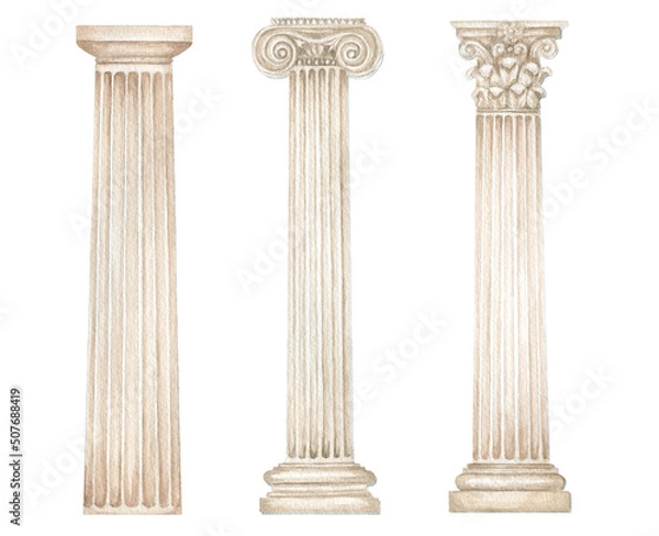 Obraz Watercolor antique column corinthian ionic doric order, Ancient Classic Greek pillar set, Roman Columns, Architecture facade elements Realistic drawing illustration isolated on white background