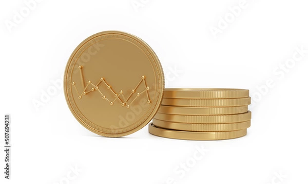 Fototapeta Gold coins and stock market graph on isometric white background. Foreign exchange currency changes and crises concept.