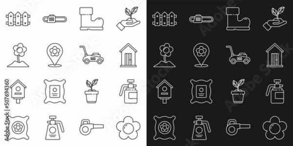 Fototapeta Set line Flower, Garden sprayer for fertilizer, Farm house, Waterproof rubber boot, Location with flower, fence wooden and Lawn mower icon. Vector