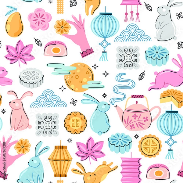 Fototapeta Mid autumn festival seamless pattern. Mooncake, rabbit, lantern background