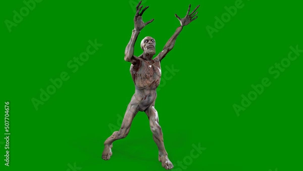 Fototapeta Fantasy character Zombie Undead in epic pose - 3D render on isolated green background