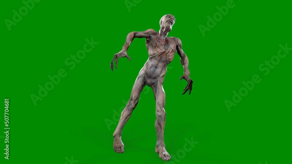 Fototapeta Fantasy character Zombie Undead in epic pose - 3D render on isolated green background
