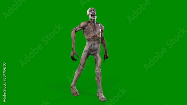 Fototapeta Fantasy character Zombie Undead in epic pose - 3D render on isolated green background