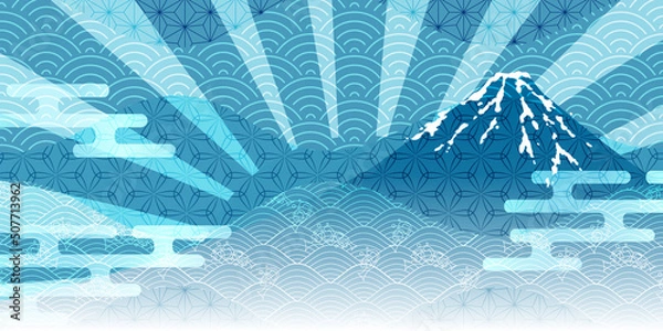 Fototapeta 富士山　波　和柄　背景