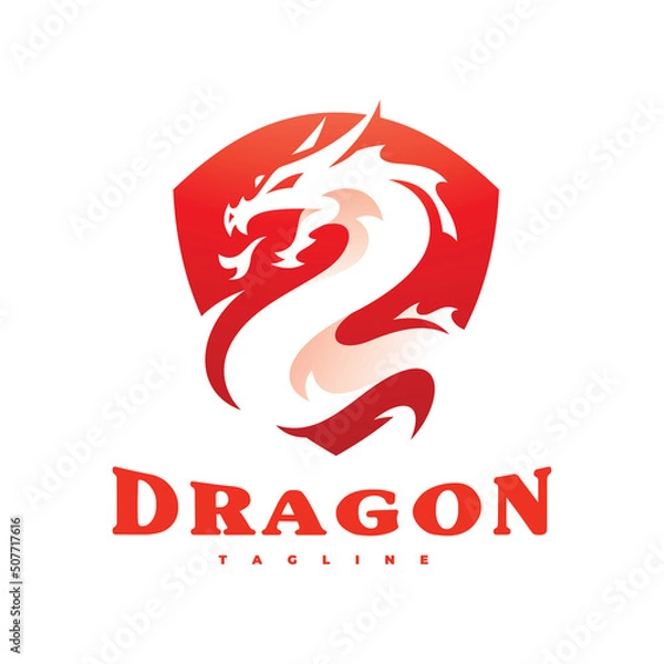 Fototapeta Modern dragon serpent and shield logo design. Dragon mascot emblem vector icon
