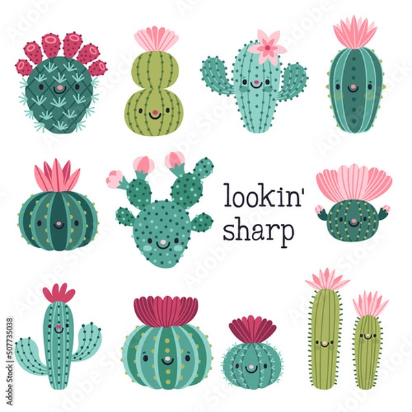 Obraz Vector set of bright cute cacti. Collection of exotic plants. Smiling caroon characters. Doodle natural elements are isolated on white. Funny cactus with flowers. Kids stickers