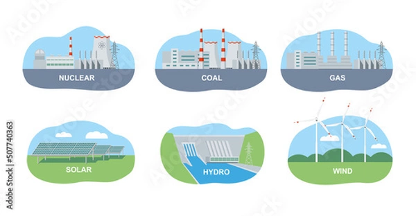 Obraz Power stations icons set. Various types of energy. Nuclear, coal, gas and hydroelectric power plants. Vector graphics