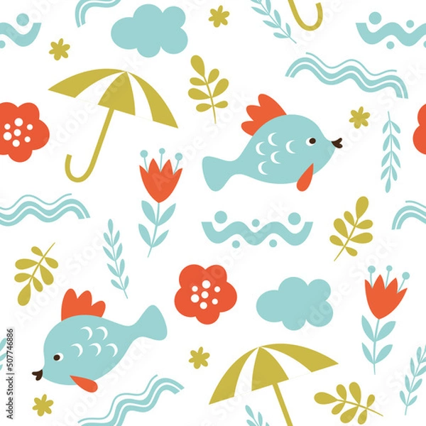 Fototapeta Seamless pattern with fish and plants. Fabric pattern, kids apparel print, wrapping gift paper	
