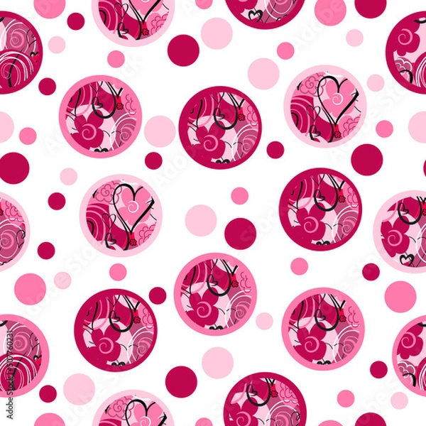 Obraz Seamless pattern with pink flowers and polka dots.Vector graphics.