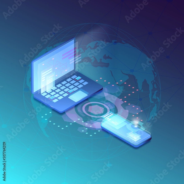 Fototapeta Technology web poster with laptop and smartphone on earth background with  digital technology background
