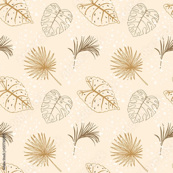 Fototapeta Seamless pattern with outline of tropical leaves on beige pastel background. For digital paper and textiles.