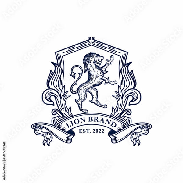 Obraz Lion heraldry emblem modern line style with a shield and crown logo design