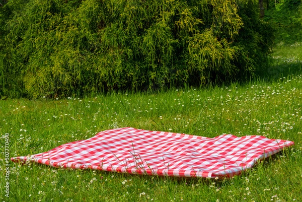 Fototapeta Red picnic blanket. Red checkered picnic cloth on a flowering meadow with daisy flowers. Beautiful backdrop for your product placement or montage.