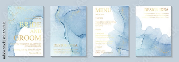 Fototapeta Modern watercolor background or elegant card design for birthday invite or wedding or menu with abstract blue ink waves and golden splashes.
