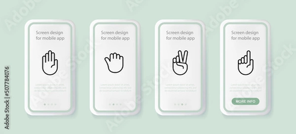 Fototapeta Non verbal communication set icon. Hand, stop, fist, win, two fingers, index finger, point. Sign language concept. UI phone app screens. Vector line icon for Business and Advertising