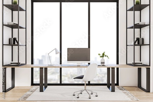 Fototapeta Modern office interior with book shelves, furniture, panoramic city view and empty white mock up computer screen. Creative designer desktop concept. 3D Rendering.