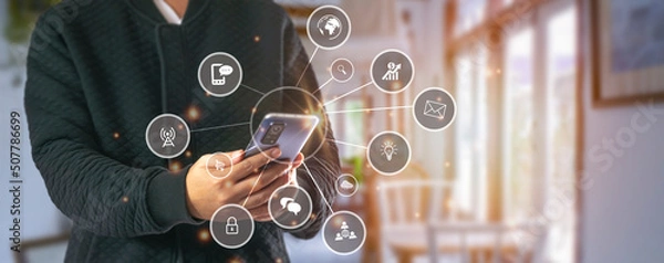 Fototapeta businesspeople may use their cellphones to access the Internet in cutting-edge 3D formats and engage in global digital marketing. Digital link technology and big data.